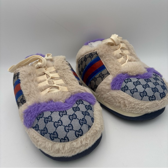 Cream and Purple Fur Slippers - Picture 1 of 13